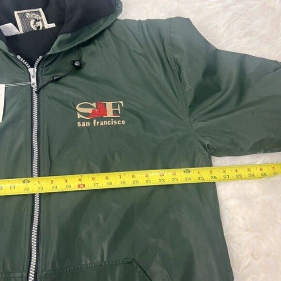 Vintage 90s Zip Up Raincoat San Francisco Embroidered Mens Fleece Lined Green M - Picture 9 of 12